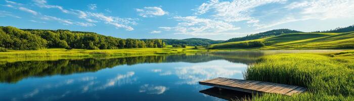 A serene lake with a dock and a few trees in the background photo