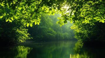 A lush green forest with a river running through it. The sunlight is shining through the leaves, creating a peaceful and serene atmosphere photo