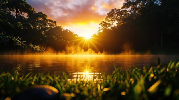 el hermosa puesta de sol terminado un lago con arboles en el antecedentes foto