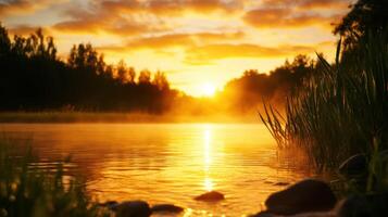 A beautiful sunset over a lake with a few trees in the background photo