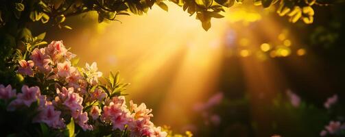 A beautiful garden with pink flowers and sunlight shining through the leaves photo
