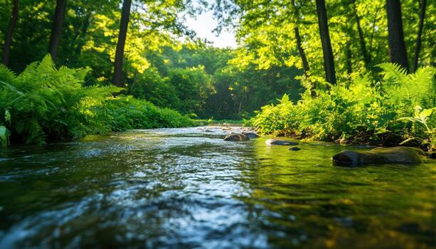 un corriente de agua fluye mediante un bosque con verde plantas y arboles foto