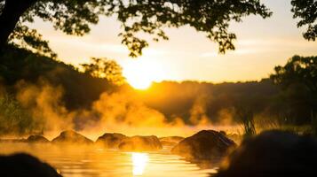 The beautiful sunset over a lake with steam rising from the water photo