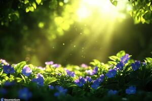 A field of flowers with sunlight shining on them photo