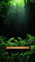 The wooden box is placed in the middle of a lush green jungle photo