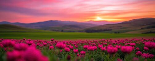 The field of pink flowers with a beautiful sunset in the background photo