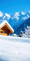A cabin is sitting on a snowy hillside photo