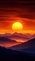 A beautiful sunset over a mountain range with a large sun in the sky photo