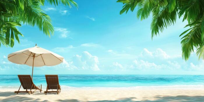 un playa escena con dos salón sillas debajo un blanco paraguas foto