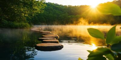 A pond with a path of stepping stones leading across it photo
