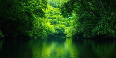 un lozano verde bosque con un calma lago en el medio foto
