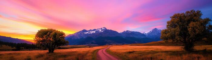 A beautiful sunset over a mountain range with a road leading through a field photo