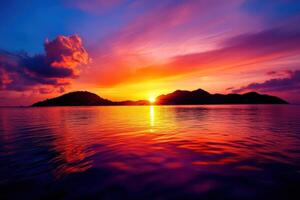 A beautiful sunset over the ocean with a mountain in the background photo