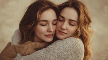 Emotional and caring moment, women embracing in soft and warm tones. Women's Day photo