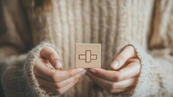 Hands holding equality item, woman's commitment in serene neutral setting. Women's Day photo