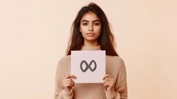 Equality symbol in focus, woman with purpose and confident expression. Women's Day photo