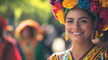 Woman in cultural attire, unity and pride in colorful demonstration setting. Women's Day photo