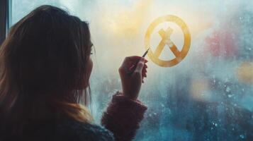 Soft light and equality message, woman drawing symbol with her finger. Women's Day photo