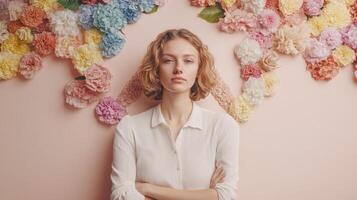 Woman with floral equality display, serene and meaningful composition. Women's Day photo