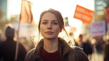 Peaceful protest scene, confident woman symbolizing unity and purpose. Women's Day photo