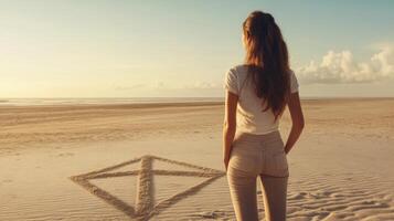 Equality drawn in sand, woman standing peacefully in beach setting. Women's Day photo