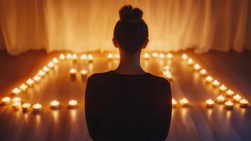 Equality and unity, woman in peaceful setting with candle arrangement. Women's Day photo