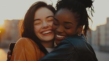 Friendship and unity two women embracing in joyful connection. International Women's Day photo