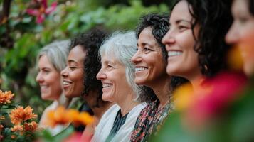 Diverse group of women smiling together in nature for unity and friendship concepts. International Women's Day photo
