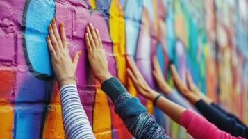 Unity and diversity women's hands together on colorful graffiti wall for teamwork and support. International Women's Day photo