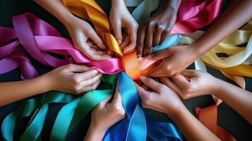 Unity and diversity represented by women's hands holding colorful ribbons in harmony and collaboration. International Women's Day photo