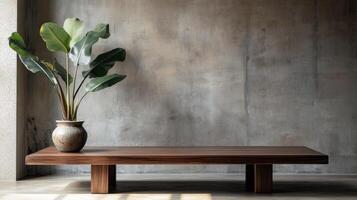 Brutalist dark wooden coffee table with minimalist design for modern interiors. Wooden coffee table with houseplant photo