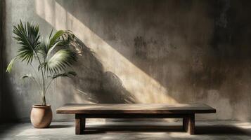 Dark wooden coffee table in brutalist style with potted palm for modern interior design. Wooden coffee table with houseplant photo