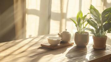 Tranquil wooden coffee table with japanese style accents and greenery in sunlit space. Wooden coffee table with houseplant photo