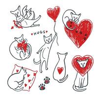 A set of cat illustrations with hearts and hearts vector