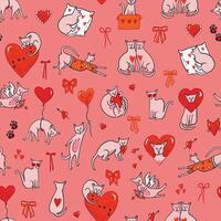 A pattern with cats and hearts on a pink background vector