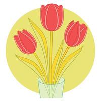 Three Red Tulips in a Glass Vase, Spring Flowers, Yellow Background vector