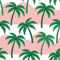 Tropical Palm Tree Pattern Pink Clouds, Green Leaves, Summer Vibes vector