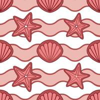 Seamless Summer Pattern Pink Starfish, Shells, Ocean Waves vector