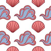 Seamless Pattern Pink Shells and Blue Ocean Waves Design vector