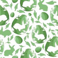 Easter seamless pattern with green Easter eggs with a shadow of a rabbit on it sitting on its hind legs and a shadow of a rabbit and green leaves arranged randomly vector