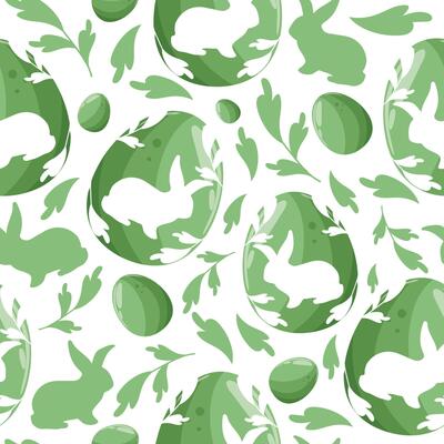 Easter seamless pattern with green Easter eggs with a shadow of a rabbit on it sitting on its hind legs and a shadow of a rabbit and green leaves arranged randomly