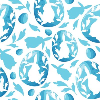 seamless pattern for the holiday of Easter with blue Easter eggs with a shadow of a rabbit sitting on it and a shadow of a rabbit and blue greens arranged randomly