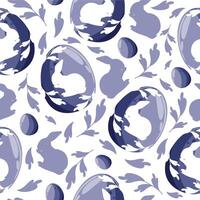 seamless pattern for the holiday of Easter with purple Easter eggs with a shadow of a rabbit on it that is washed and a shadow of a rabbit and purple leaves arranged randomly vector