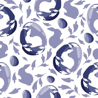 seamless pattern for the holiday of Easter with purple Easter eggs with a shadow of a rabbit on it that is washed and a shadow of a rabbit and purple leaves arranged randomly