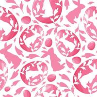 Easter seamless pattern with pink Easter eggs with a shadow of a rabbit standing on its hind legs and a shadow of a rabbit and pink leaves arranged randomly vector