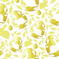 seamless pattern for the holiday of Easter with yellow Easter eggs with the shadow of a sitting rabbit and the shadow of a rabbit and yellow leaves arranged randomly vector