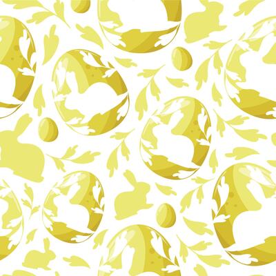 seamless pattern for the holiday of Easter with yellow Easter eggs with the shadow of a sitting rabbit and the shadow of a rabbit and yellow leaves arranged randomly