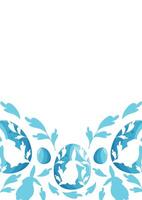 Easter poster or greeting card template with blue Easter eggs with shadow of sitting rabbit and shadow of rabbit and blue leaves vector