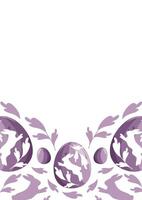 easter holiday poster or greeting card template with purple easter eggs with shadow of rabbit jumping and shadow of rabbit and purple leaves vector