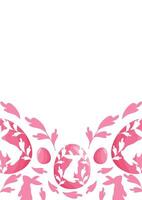 Easter poster or greeting card template with pink Easter eggs with a shadow of a rabbit standing on its hind legs and a shadow of a rabbit and pink leaves vector